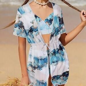 KANGKANG NWOT Teen Girl's size 15/16 Bikini/Coverup Set V Neck style Blue White